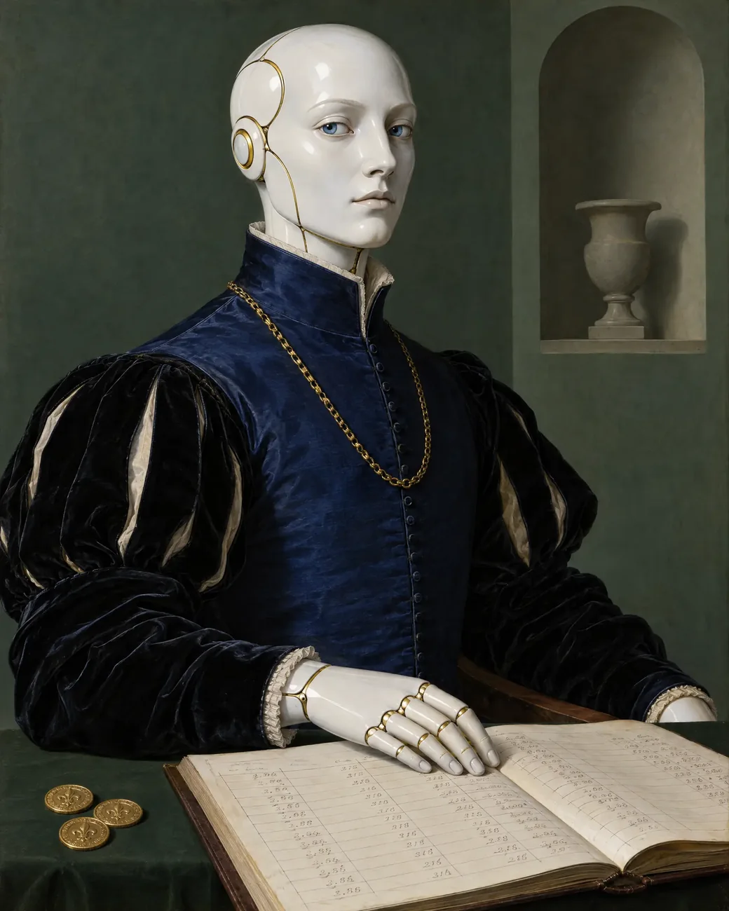 Portrait of a factor: a porcelain android banker in lapis silk, one hand on an open ledger