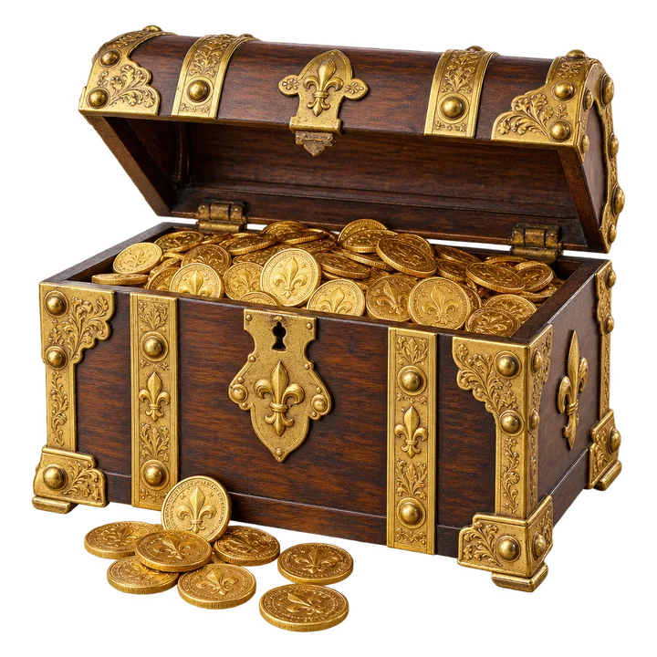 An open Florentine strongbox full of gold florins